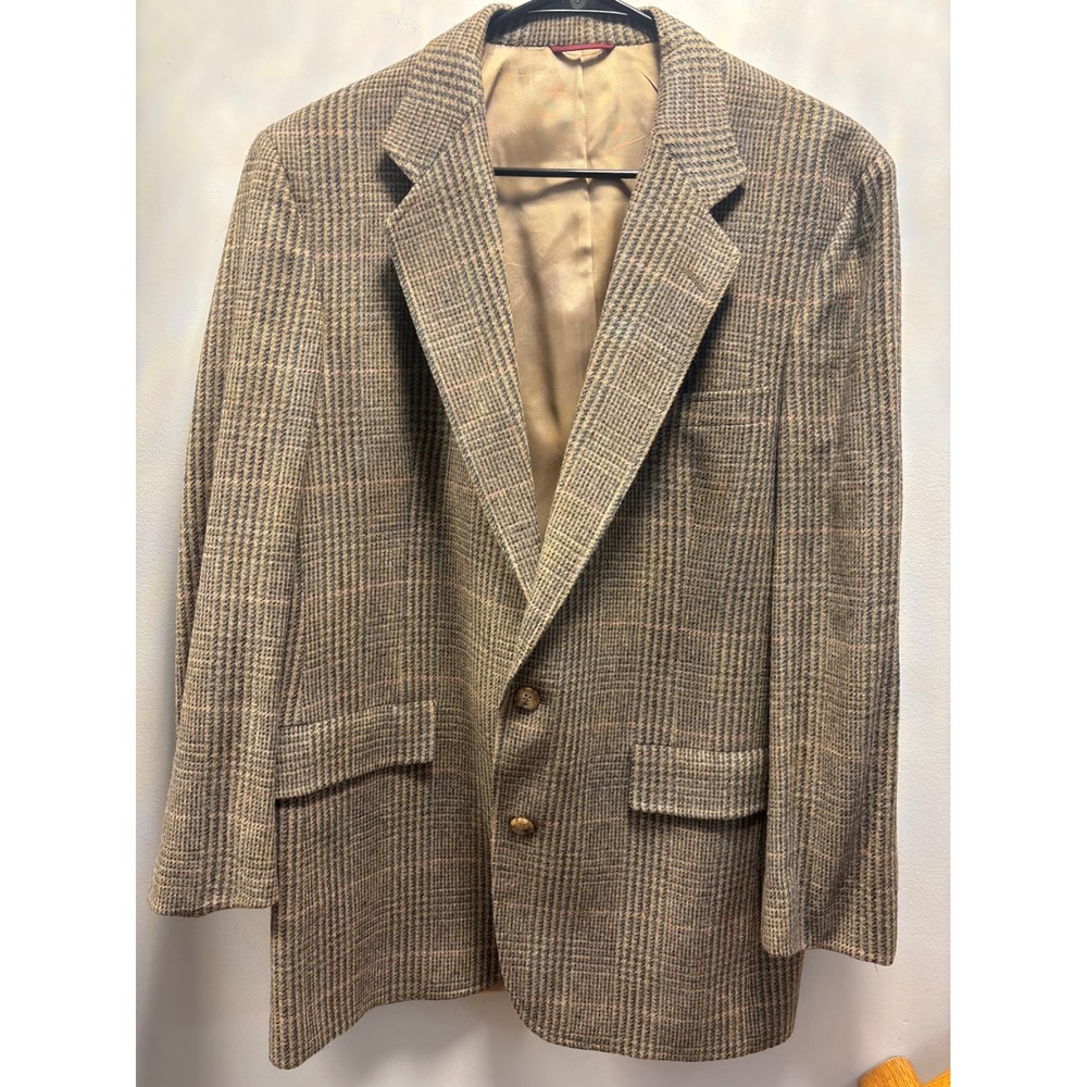 Mart Schaffner & Marx Glen Plaid Sport Coat Men 42R Brown Tan Pink 2-Button